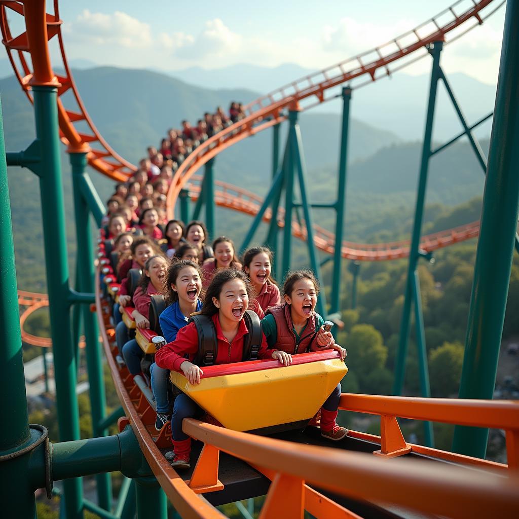 Tàu lượn siêu tốc tại khu du lịch Hòn Dáu Resort, đường ray uốn lượn trên cao, nhiều người chơi đang hò hét phấn khích.