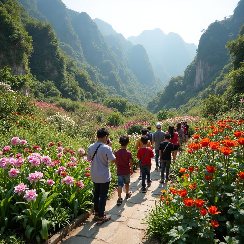 Du khách tham quan và chụp ảnh với nhiều loại hoa khác nhau tại Vườn treo hoa Cát Bà.