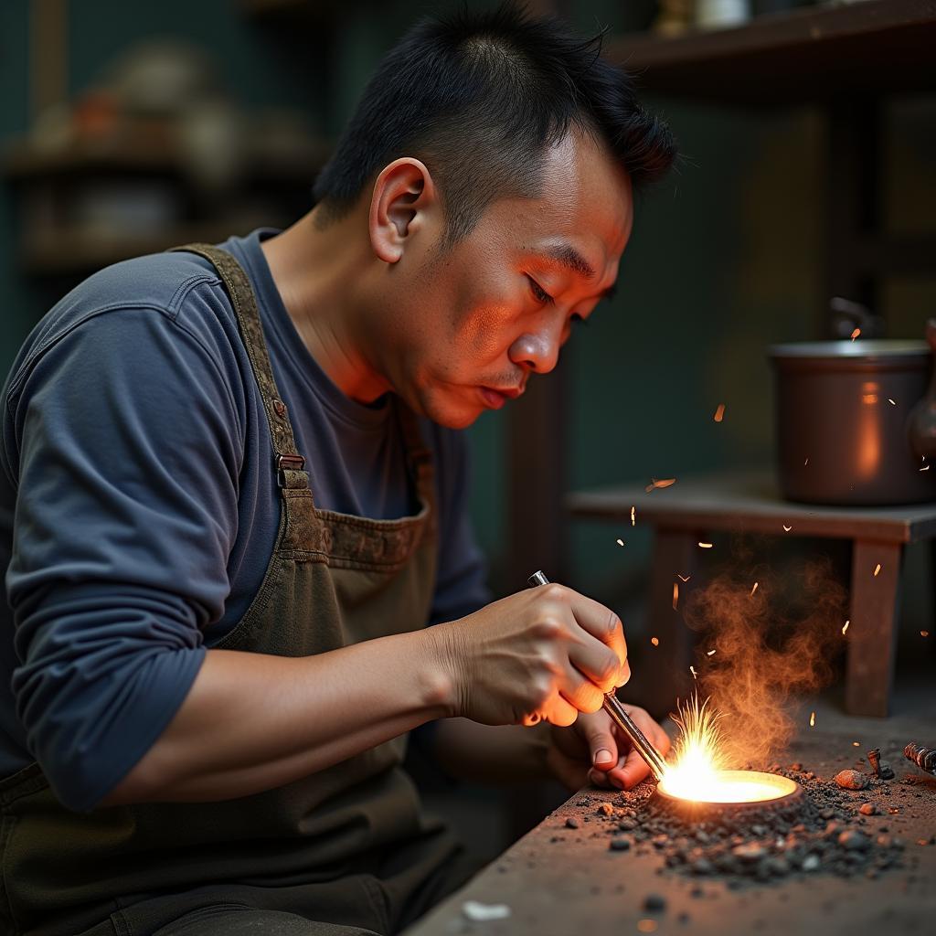 Người thợ đúc đồng đang miệt mài làm việc tại xưởng đúc đồng Phường Đúc, thể hiện sự khéo léo và tận tâm với nghề.