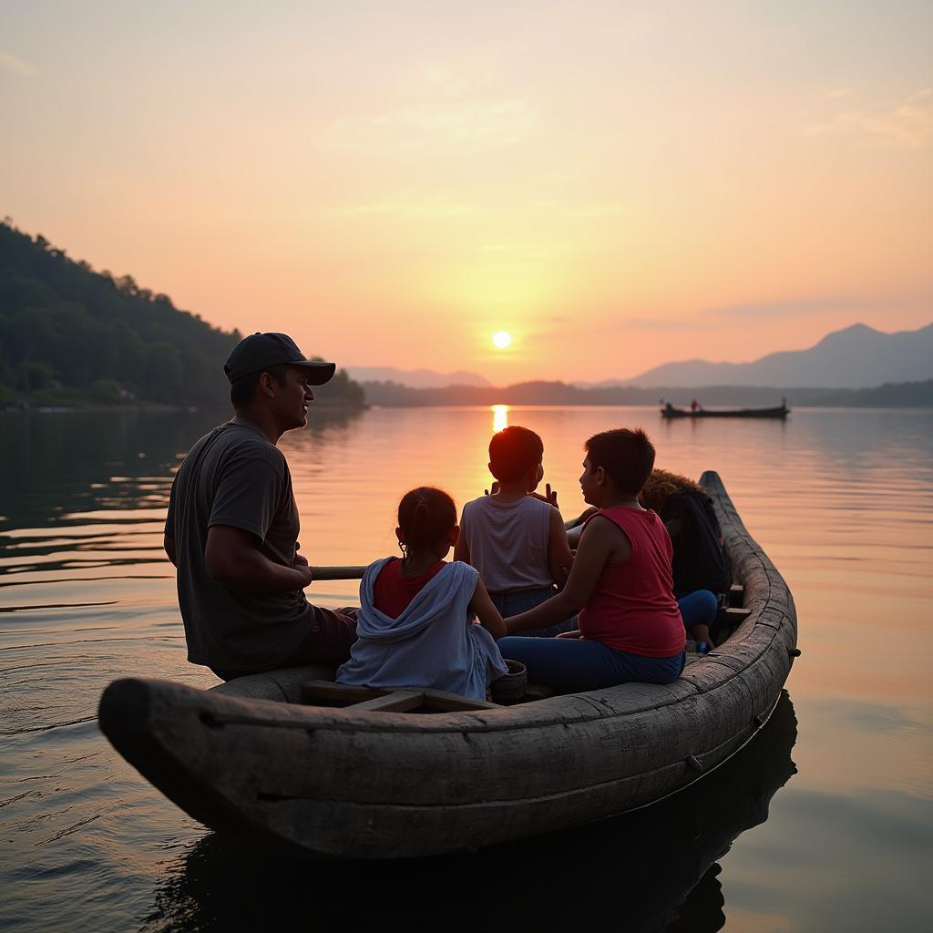 Du khách đang ngồi trên thuyền độc mộc, được người dân địa phương chèo, ngắm cảnh Hồ Lăk vào buổi chiều tà.