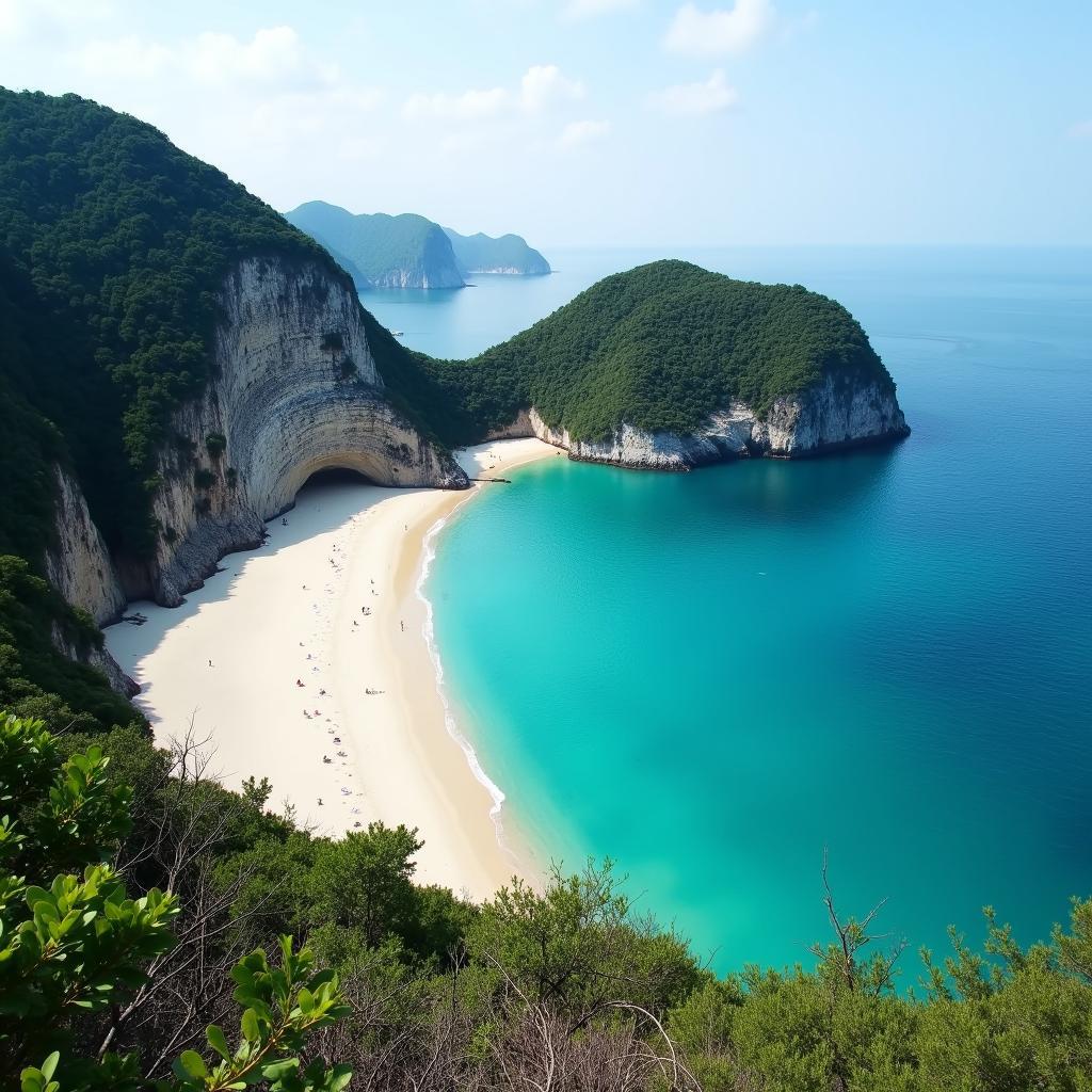 Toàn cảnh Bãi Cát Cò 2 Cát Bà nhìn từ trên cao, biển xanh cát trắng tuyệt đẹp