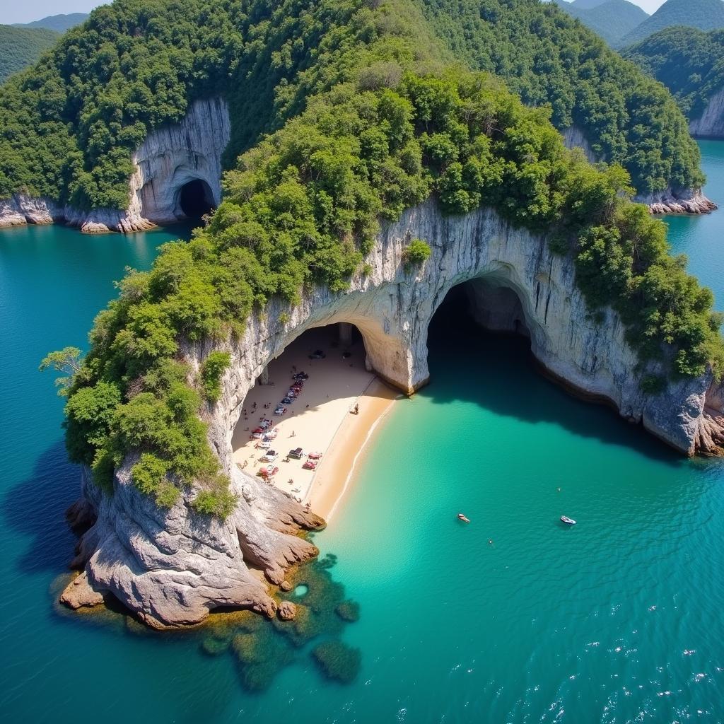 Toàn cảnh chùa Hang Đồ Sơn nhìn từ trên cao, thấy rõ kiến trúc độc đáo trong hang động và cảnh biển bao quanh