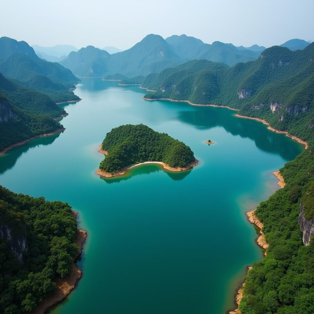 Toàn cảnh đảo Đầu Bếp Đắk Lắk nhìn từ trên cao với hồ nước xanh biếc bao quanh, khung cảnh thiên nhiên thanh bình và thơ mộng.