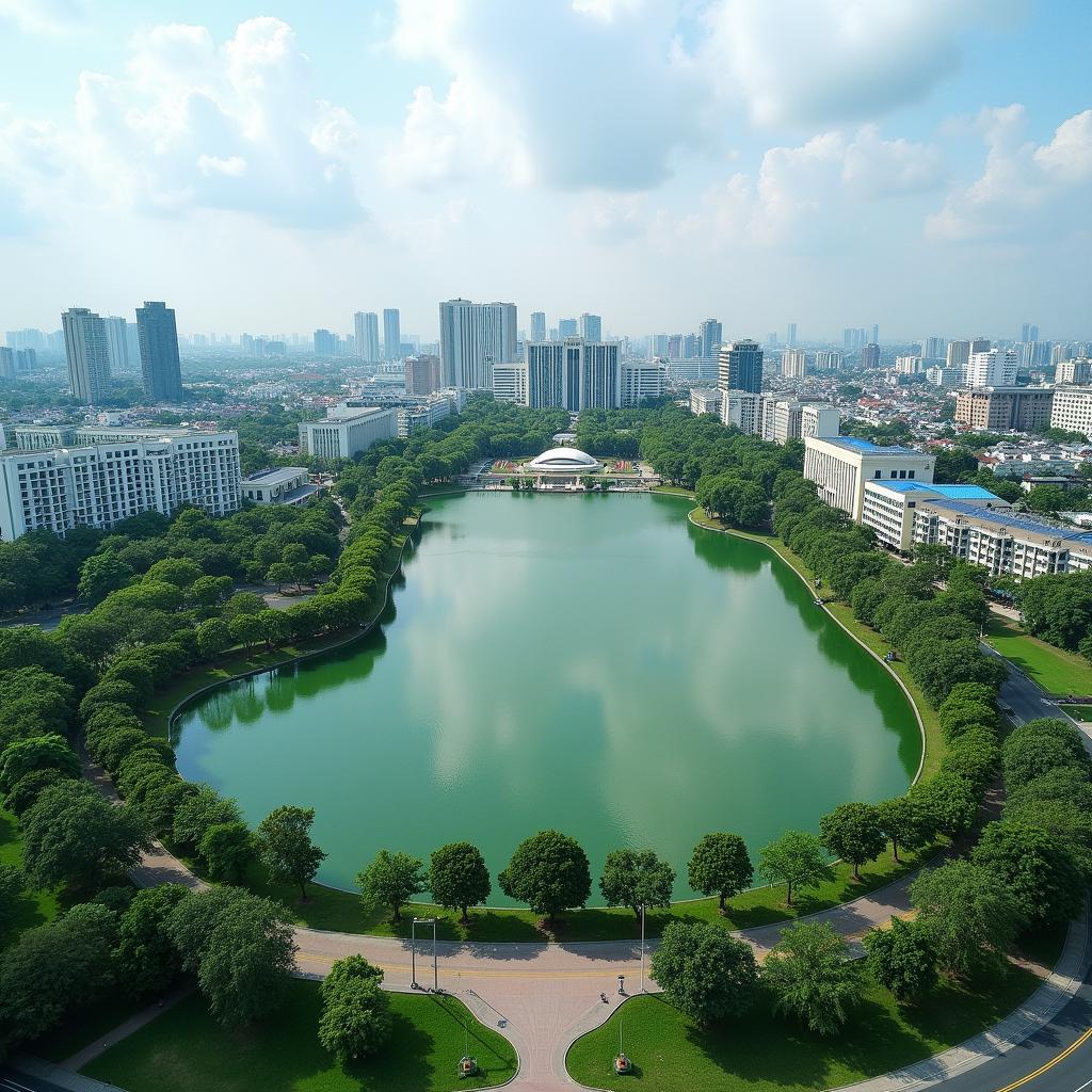 Toàn cảnh hồ điều hòa trung tâm Hải Phòng với không gian xanh mát và kiến trúc hiện đại