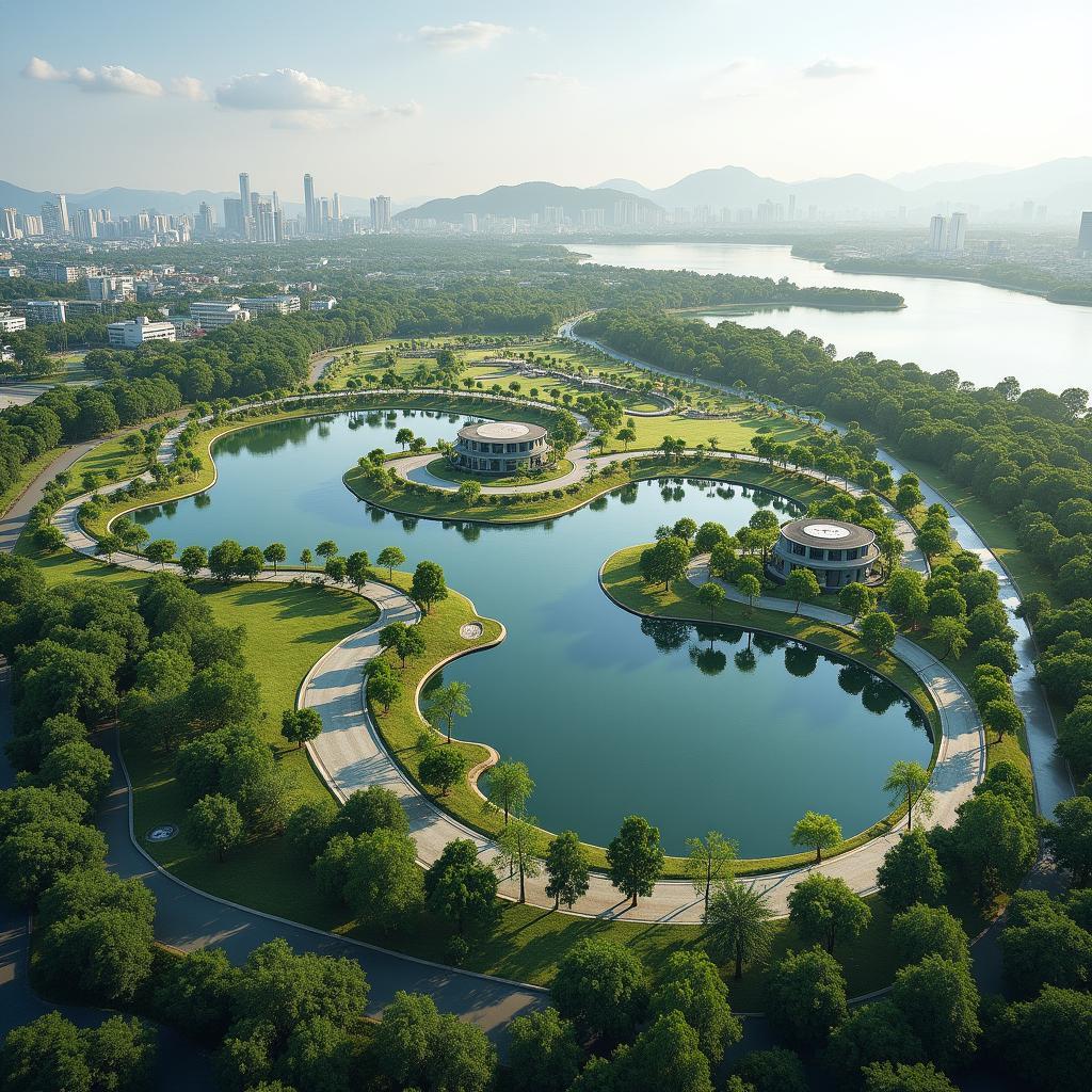 Toàn cảnh hồ nhân tạo Phương Lưu Hải Phòng với không gian xanh mát, hiện đại và nhiều hoạt động vui chơi giải trí hấp dẫn