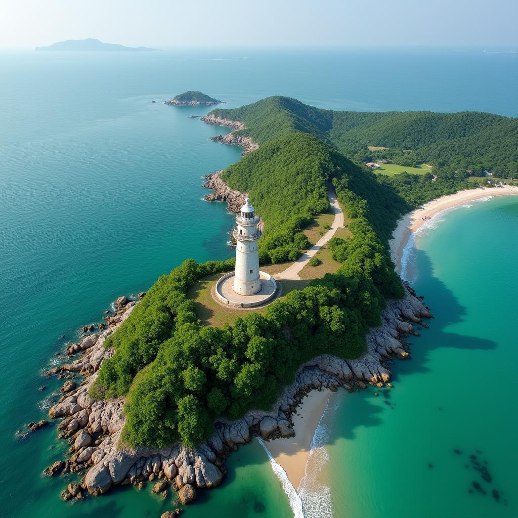 Toàn cảnh Hòn Dấu Hải Phòng nhìn từ trên cao với ngọn hải đăng cổ kính và bãi biển xanh biếc