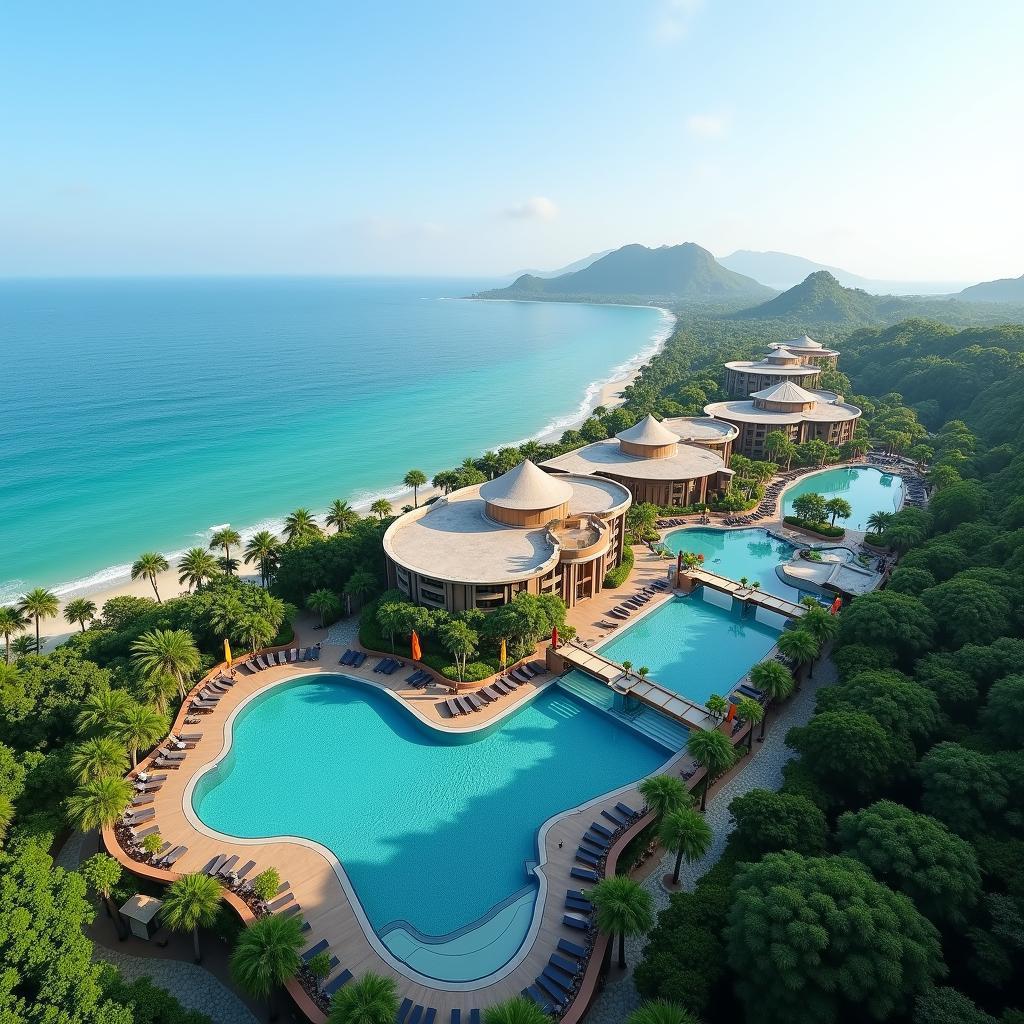 Toàn cảnh Khu Du Lịch Hòn Dáu Resort Hải Phòng nhìn từ trên cao, biển xanh bao la, kiến trúc độc đáo.