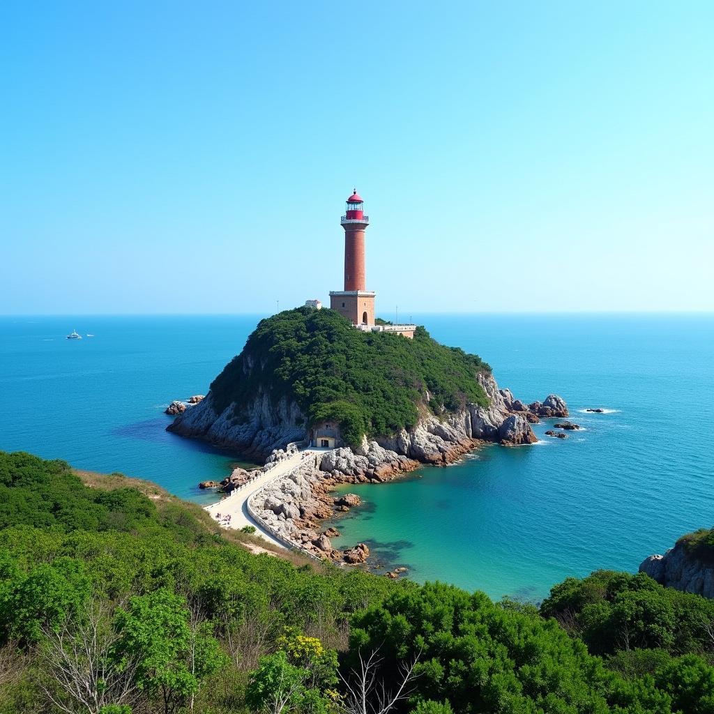 Toàn cảnh ngọn hải đăng Hòn Dấu Hải Phòng sừng sững giữa biển xanh, biểu tượng du lịch của thành phố.