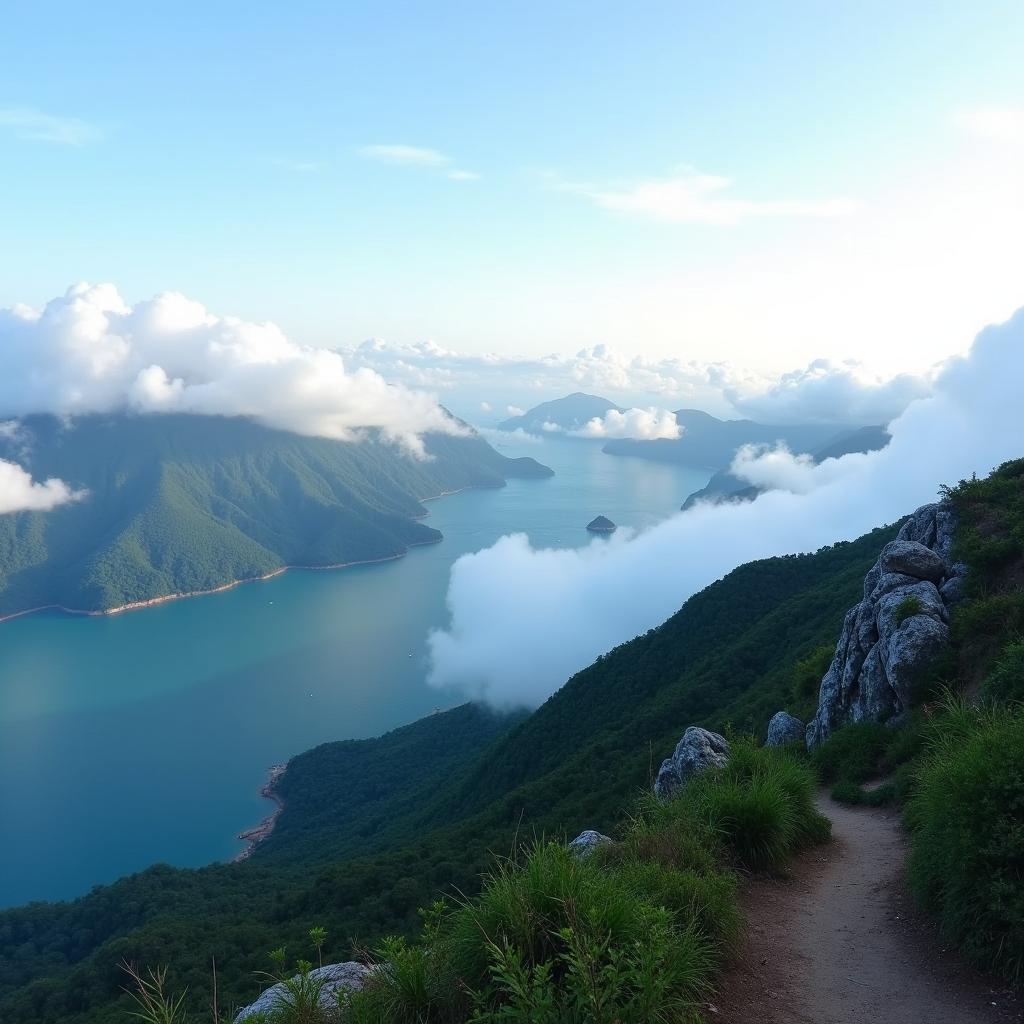 Toàn cảnh núi Đèo Hải Phòng từ trên cao với mây trời và vịnh biển xanh biếc, một điểm đến trekking lý tưởng