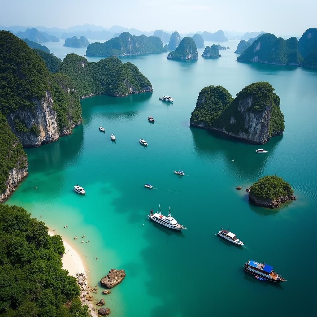 Toàn cảnh Vịnh Lan Hạ Hải Phòng nhìn từ trên cao, với những hòn đảo đá vôi xanh mướt và làn nước biển trong xanh.