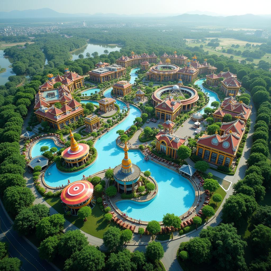 Toàn cảnh VinWonders Vũ Yên Hải Phòng nhìn từ trên cao, khu vui chơi giải trí hiện đại