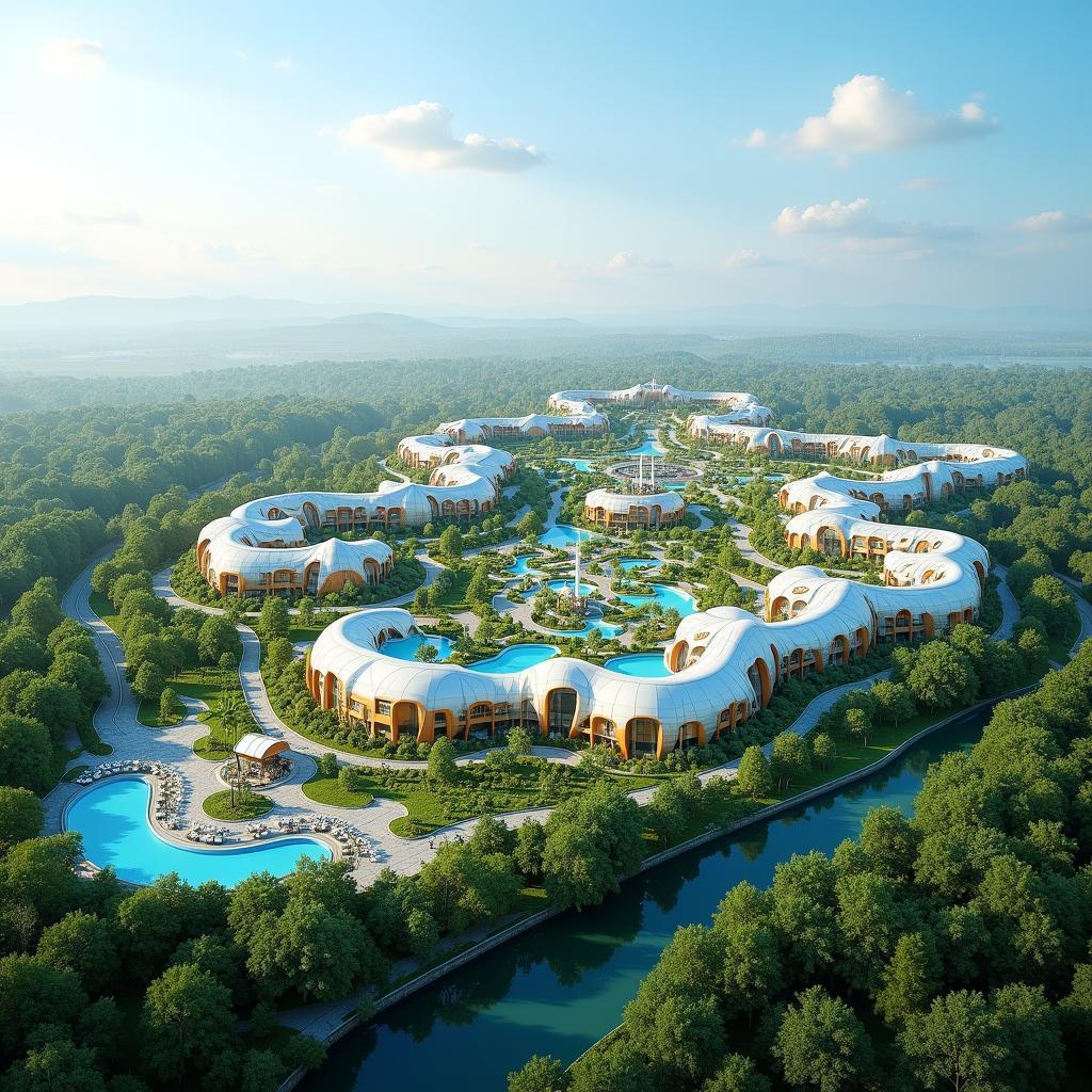 Toàn cảnh khu vui chơi VinWonders Vũ Yên Hải Phòng với các công trình kiến trúc hiện đại và cảnh quan xanh mát