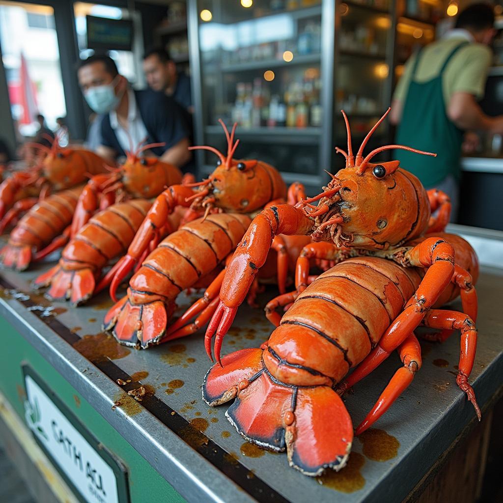 Tôm hùm Cát Bà tươi sống được trưng bày trong bể kính của một nhà hàng hải sản ở Hải Phòng