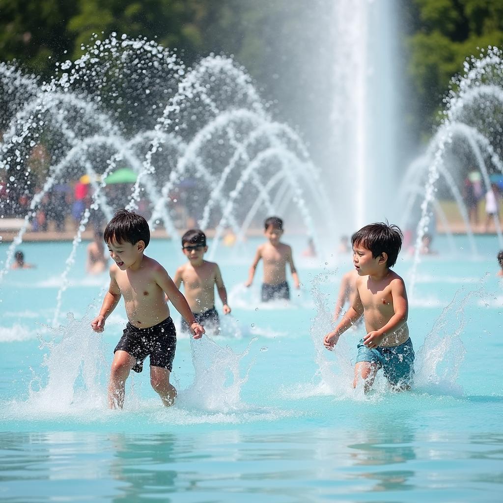Trẻ em vui vẻ chơi đùa dưới vòi phun nước tại khu vui chơi nước của hồ Phương Lưu, Hải Phòng