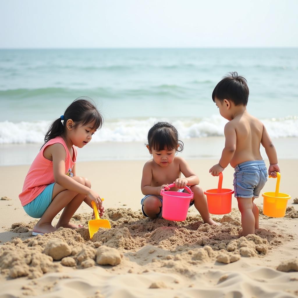 Trẻ em vui chơi trên bãi biển Đồ Sơn với xô cát và dụng cụ xúc cát