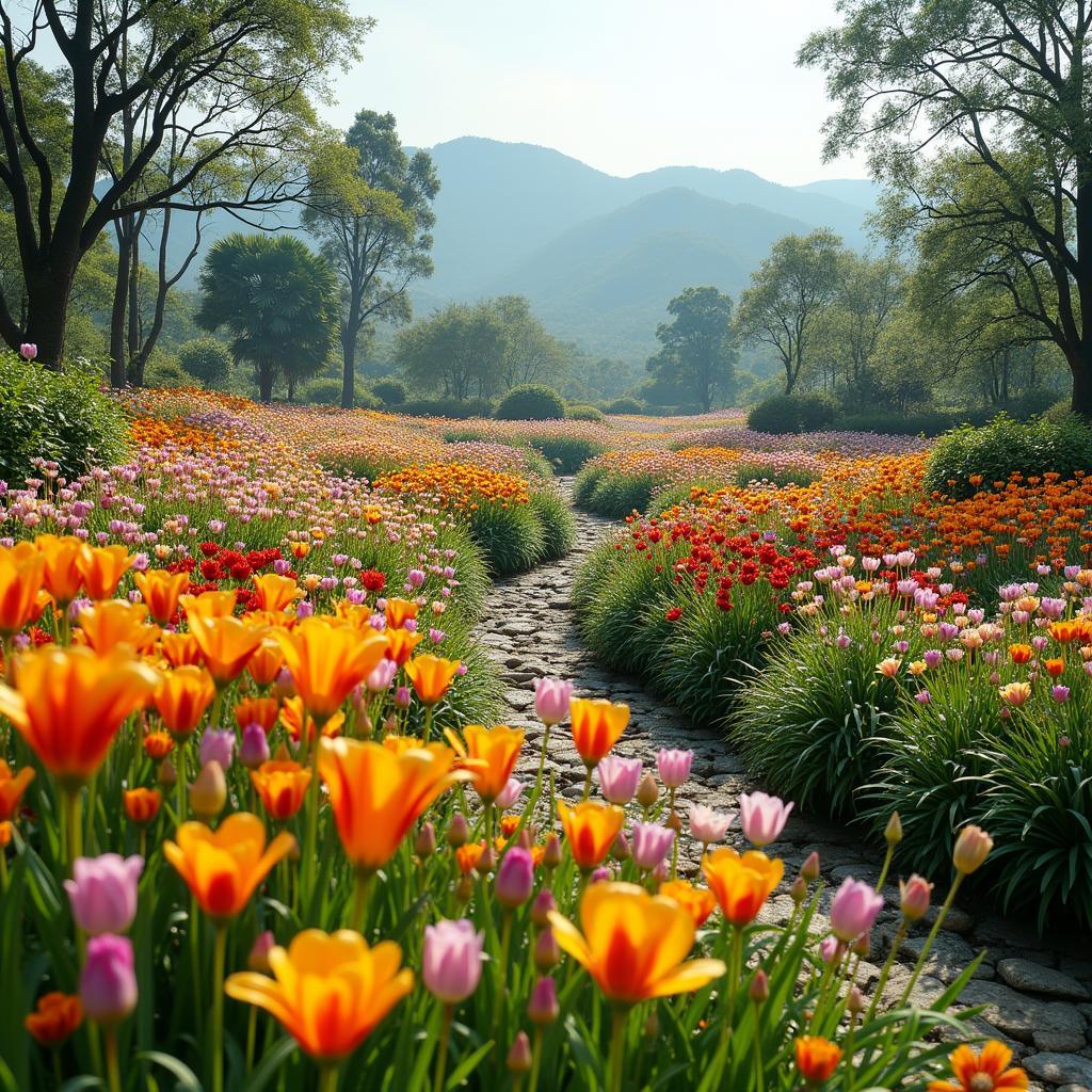 Vườn hoa rực rỡ sắc màu tại khu du lịch sinh thái Phú An, Đắk Lắk với nhiều loại hoa khác nhau, tạo nên khung cảnh tươi đẹp.