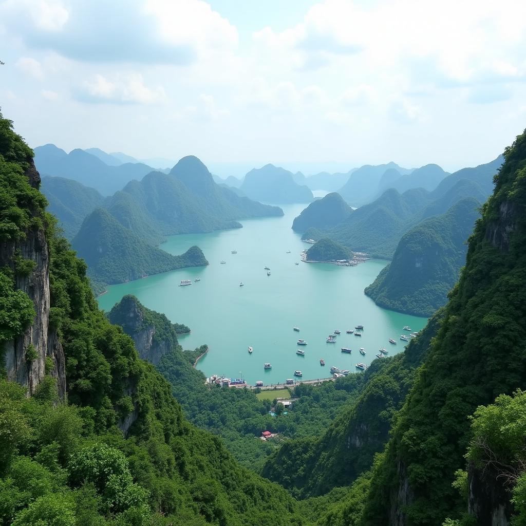 Toàn cảnh vườn treo hoa Cát Bà với view vịnh Lan Hạ đẹp mê hồn, núi non hùng vĩ bao quanh.