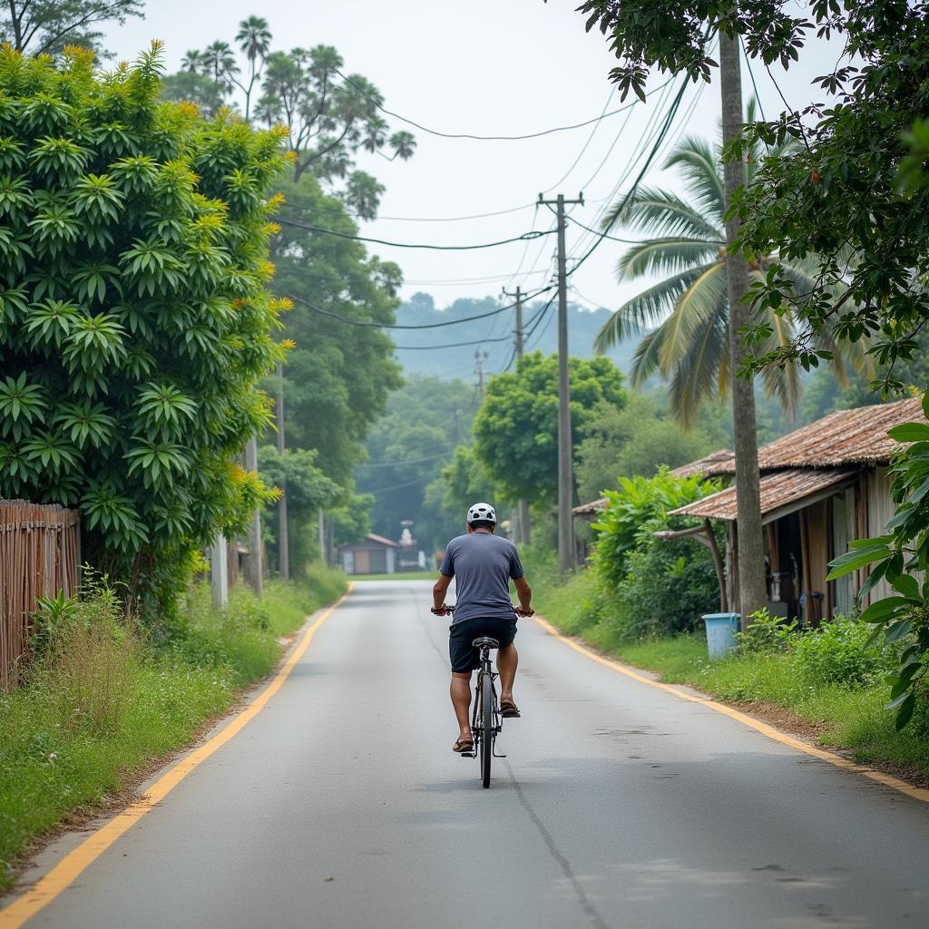 Du khách đạp xe trên con đường làng ở Việt Hải, Hải Phòng, khung cảnh bình dị và yên bình.