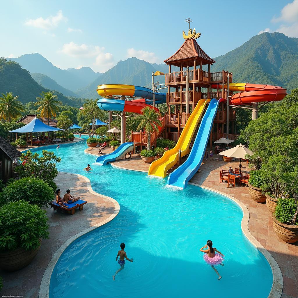 Công viên nước Water Park VinWonders Vũ Yên với các đường trượt và hồ bơi sôi động