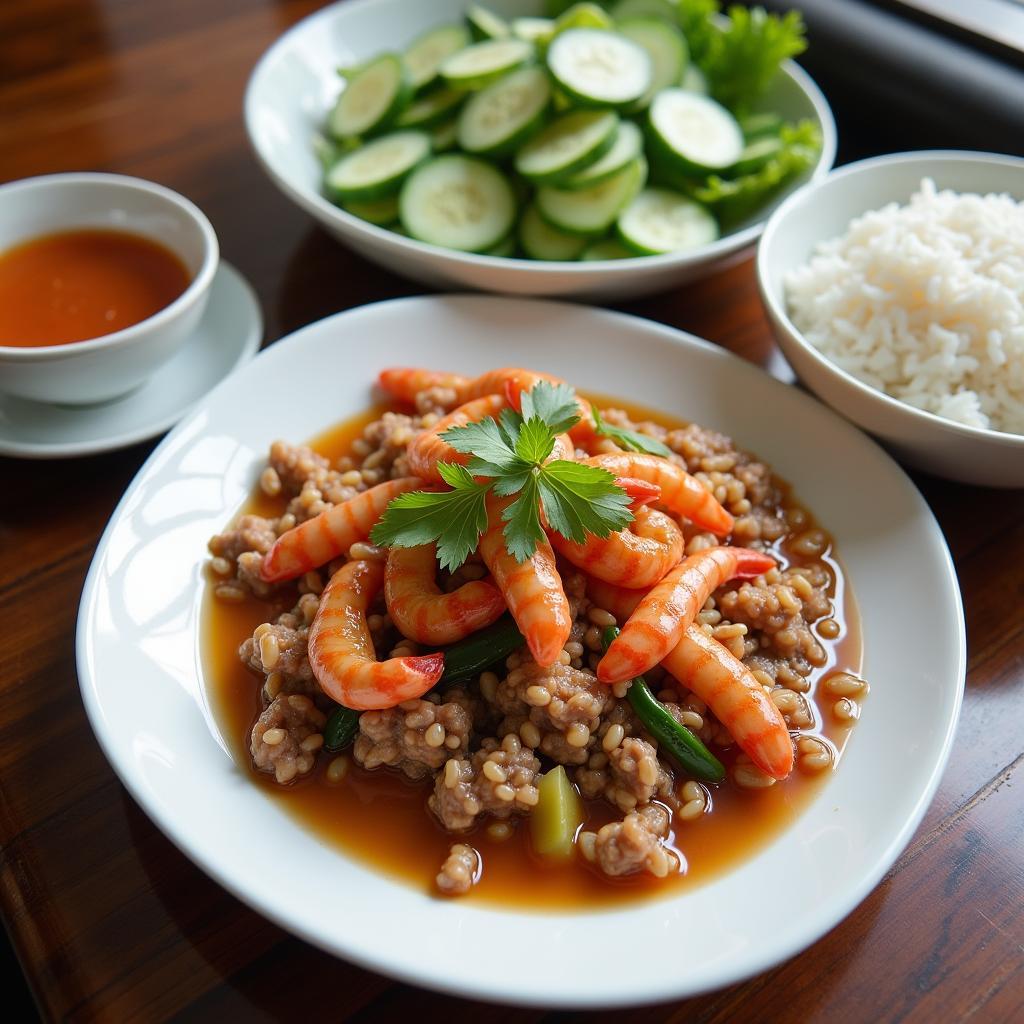 Đĩa mắm tép chưng thịt Cát Hải ăn kèm cơm nóng rau sống hấp dẫn