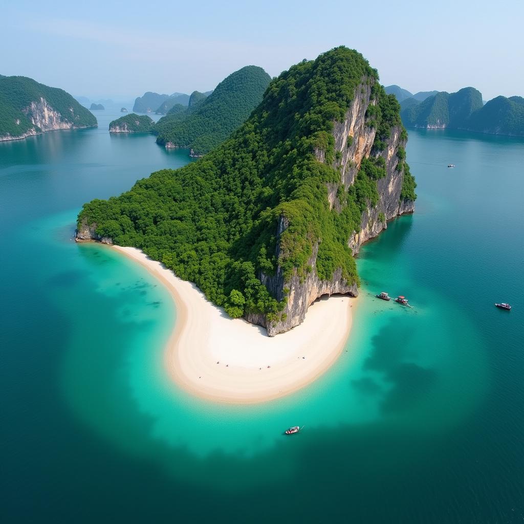 Toàn cảnh đảo Nam Cát Lan Hạ nhìn từ trên cao với bãi cát trắng, rừng cây xanh và biển xanh biếc