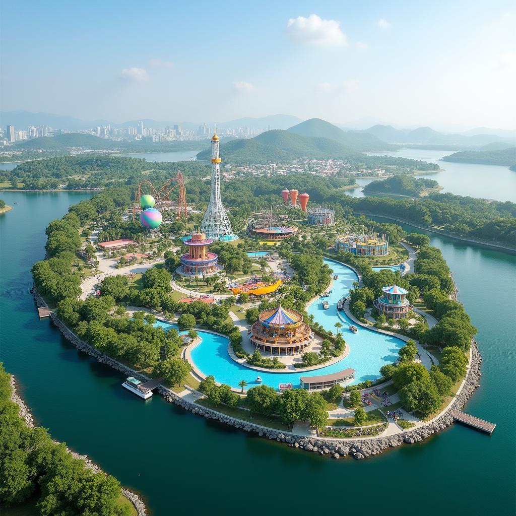 Toàn cảnh VinWonders Đảo Vũ Yên Hải Phòng với các khu vui chơi hiện đại và hồ nước rộng lớn