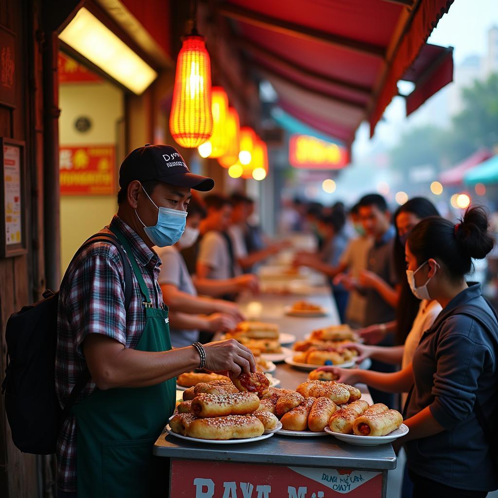 Crowded banh mi cay stand Haiphong busy customers